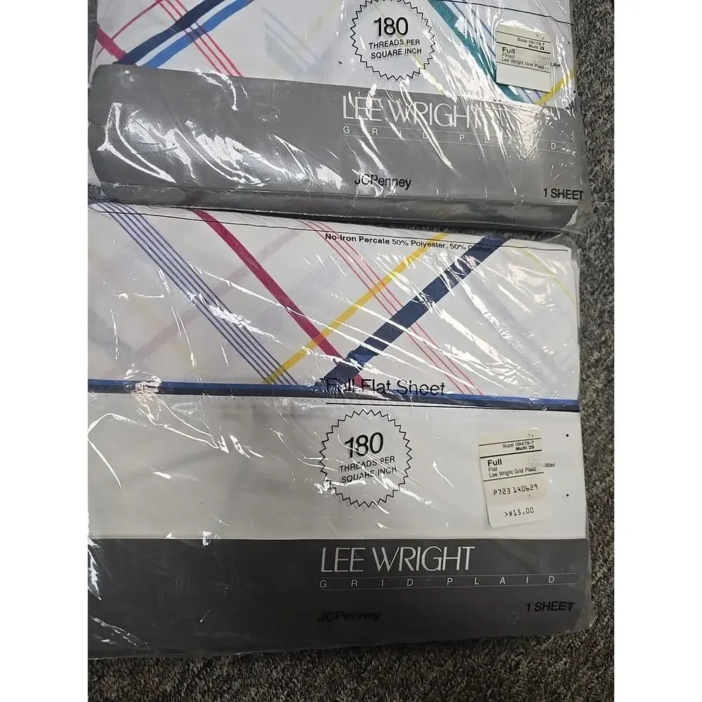 NEW Lot of 4 JC Penney Lee Wright Grid Plaid Flat Fitted Sheet & Pillowcase Set‎